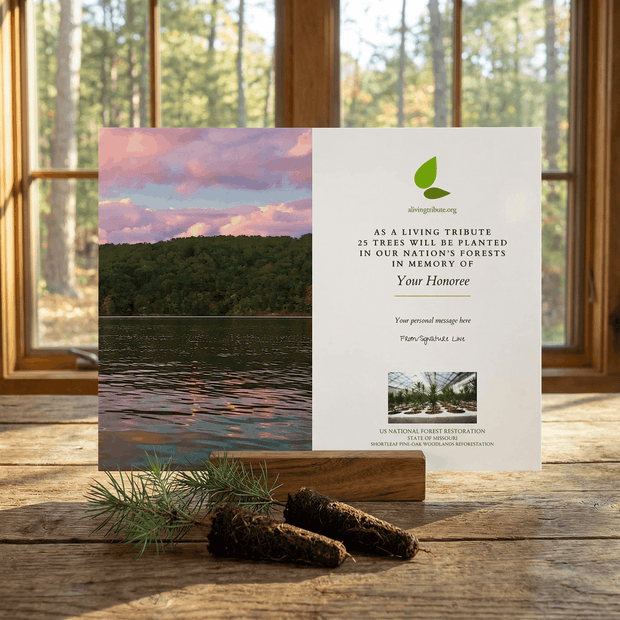 Memorial card with nature scene and text on a wooden surface