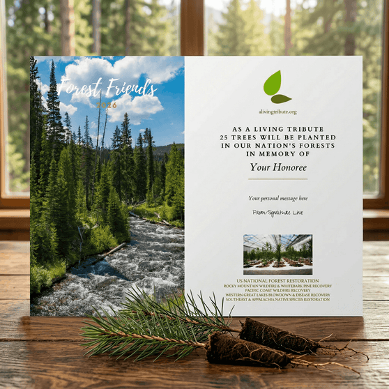 A personalized memorial tree card depicting a scenic view of a forest and a stream, with space for a personal message.