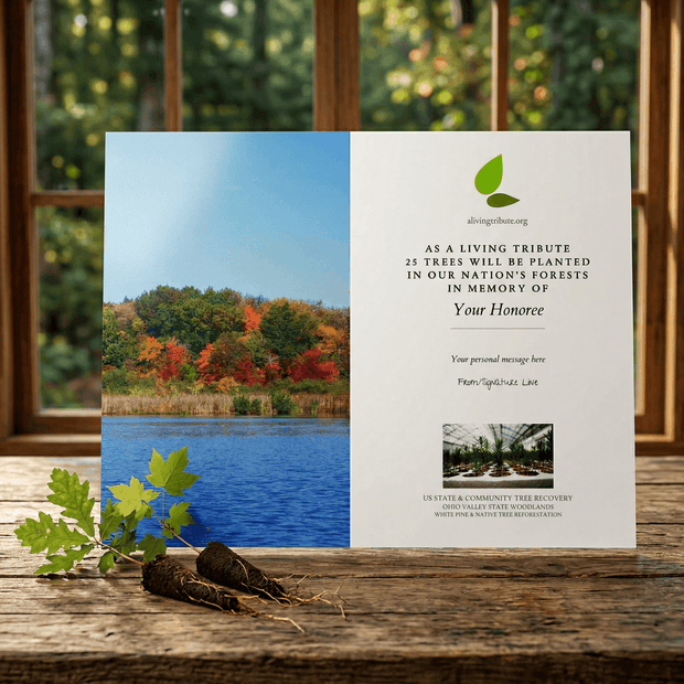 Memorial tree planting card with scenic lake and forest background on a wooden surface.