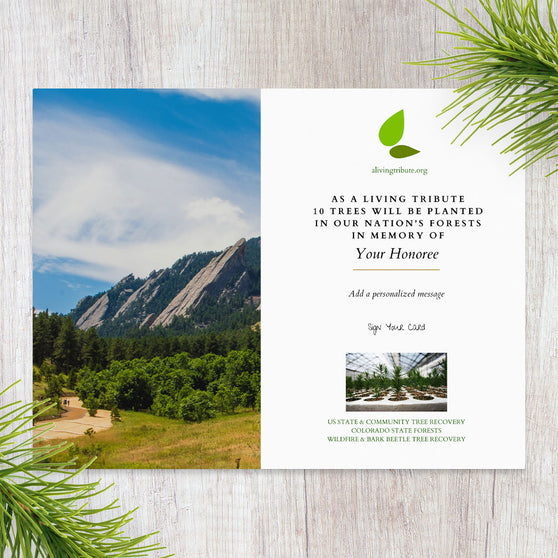 A commemorative card for planting trees in Colorado with a scenic background featuring mountains and a clear sky.
